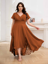 Effortless V-Neck Short Sleeves Chiffon High Low Plus Size Mother Of The Bride Dresses