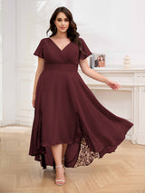 Effortless V-Neck Short Sleeves Chiffon High Low Plus Size Mother Of The Bride Dresses