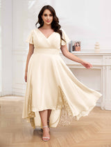 Effortless V-Neck Short Sleeves Chiffon High Low Plus Size Mother Of The Bride Dresses