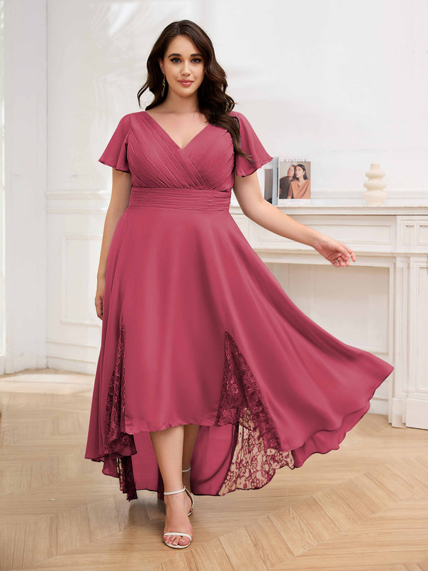 Cinnamon Rose Effortless V-Neck Short Sleeves Chiffon High Low Plus Size Mother Of The Bride Dresses