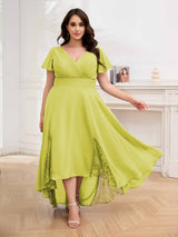 Effortless V-Neck Short Sleeves Chiffon High Low Plus Size Mother Of The Bride Dresses