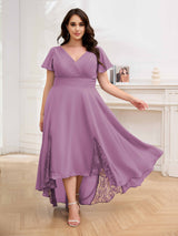 Effortless V-Neck Short Sleeves Chiffon High Low Plus Size Mother Of The Bride Dresses