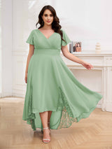 Effortless V-Neck Short Sleeves Chiffon High Low Plus Size Mother Of The Bride Dresses