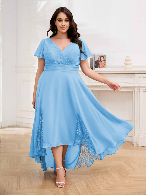 Light Blue Effortless V-Neck Short Sleeves Chiffon High Low Plus Size Mother Of The Bride Dresses