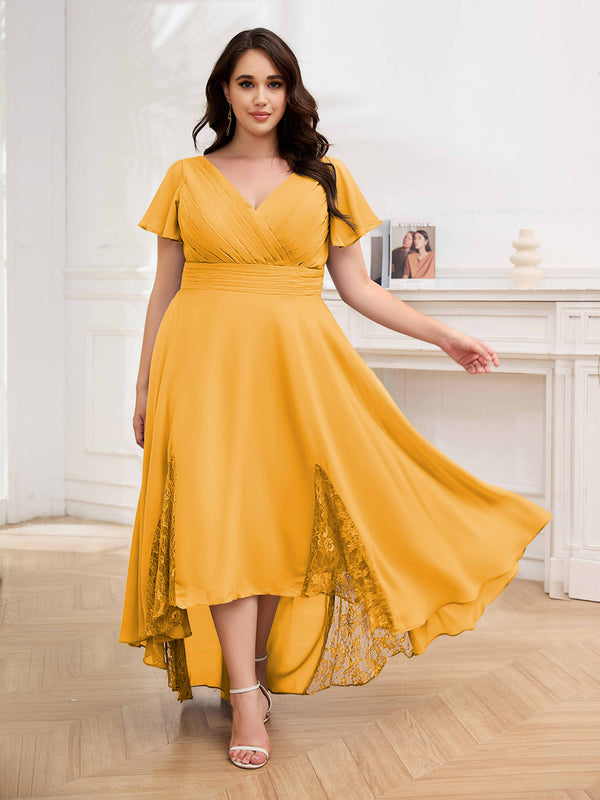 Mustard Effortless V-Neck Short Sleeves Chiffon High Low Plus Size Mother Of The Bride Dresses