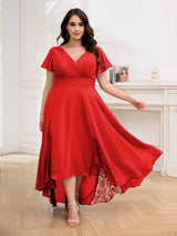 Effortless V-Neck Short Sleeves Chiffon High Low Plus Size Mother Of The Bride Dresses