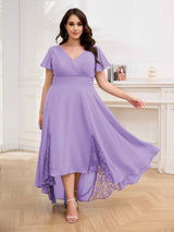 Effortless V-Neck Short Sleeves Chiffon High Low Plus Size Mother Of The Bride Dresses