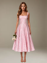 Free Shipping Elegant A-Line Square Neck Floral Tea-Length Formal Dress for Wedding & Formal Events