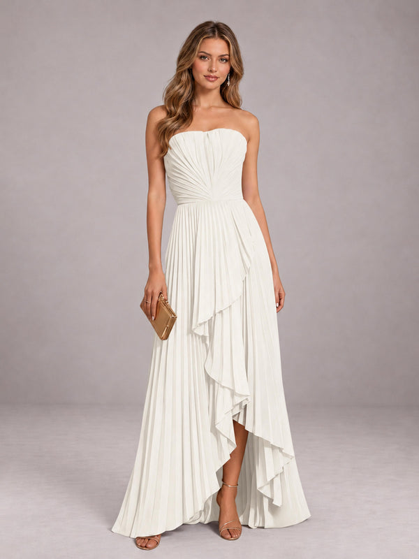 Ivory Elegant A-Line Strapless Pleated Asymmetrical Long Bridesmaid Dress
