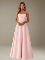 Free Shipping Elegant A-Line Strapless Ruched Satin Bridesmaid Dress