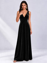 Elegant Deep V-Neck A-Line Velvet Floor-Length Wedding Guest Dress