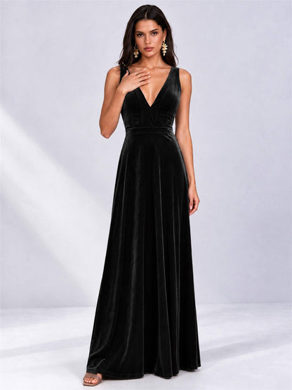 Elegant Deep V-Neck A-Line Velvet Floor-Length Wedding Guest Dress