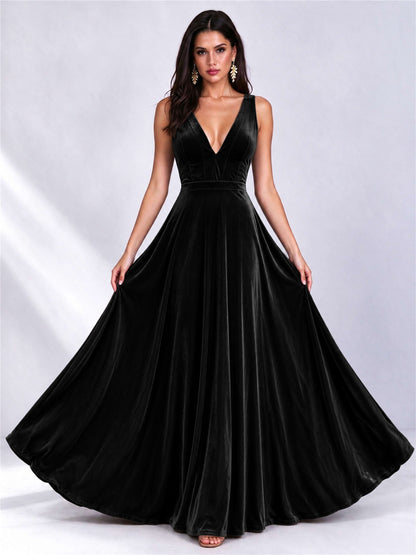 Elegant Deep V-Neck A-Line Velvet Floor-Length Wedding Guest Dress