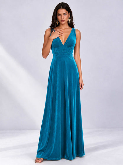 Elegant Deep V-Neck A-Line Velvet Floor-Length Wedding Guest Dress