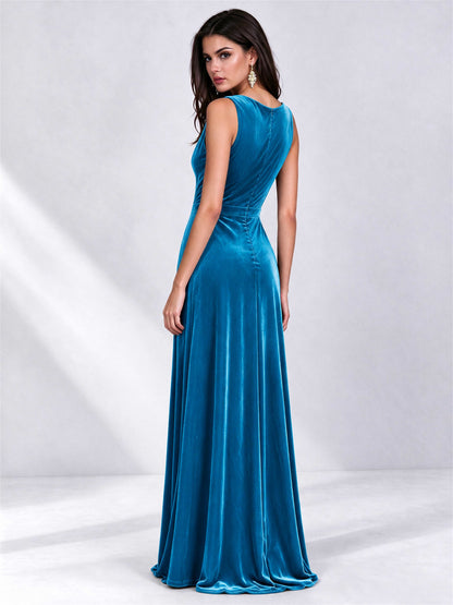 Elegant Deep V-Neck A-Line Velvet Floor-Length Wedding Guest Dress
