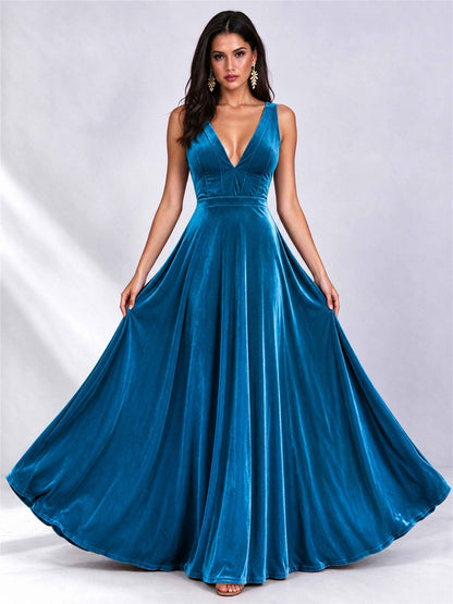 Elegant Deep V-Neck A-Line Velvet Floor-Length Wedding Guest Dress