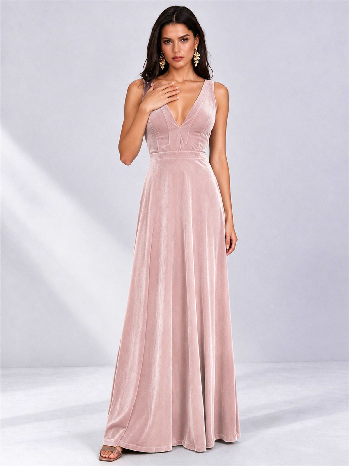 Elegant Deep V-Neck A-Line Velvet Floor-Length Wedding Guest Dress
