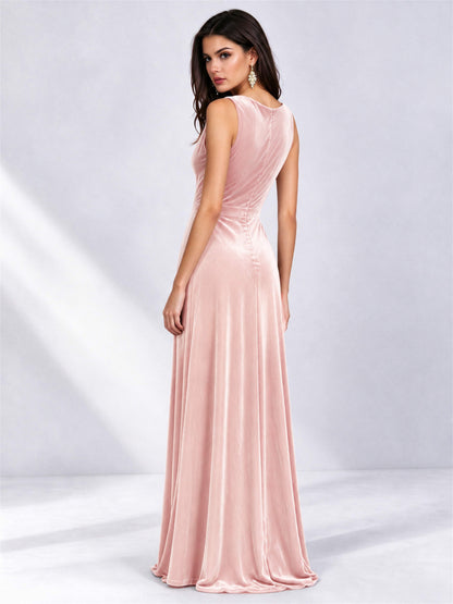 Elegant Deep V-Neck A-Line Velvet Floor-Length Wedding Guest Dress