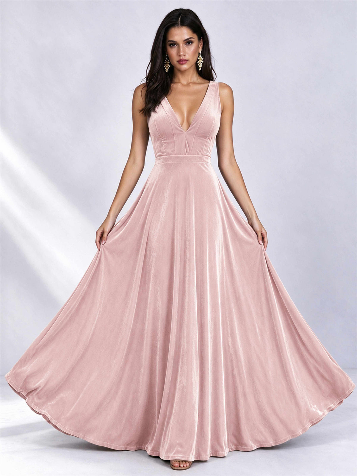 Elegant Deep V-Neck A-Line Velvet Floor-Length Wedding Guest Dress