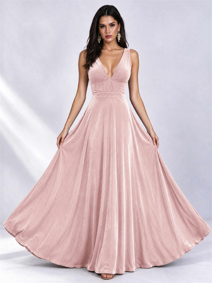 Elegant Deep V-Neck A-Line Velvet Floor-Length Wedding Guest Dress