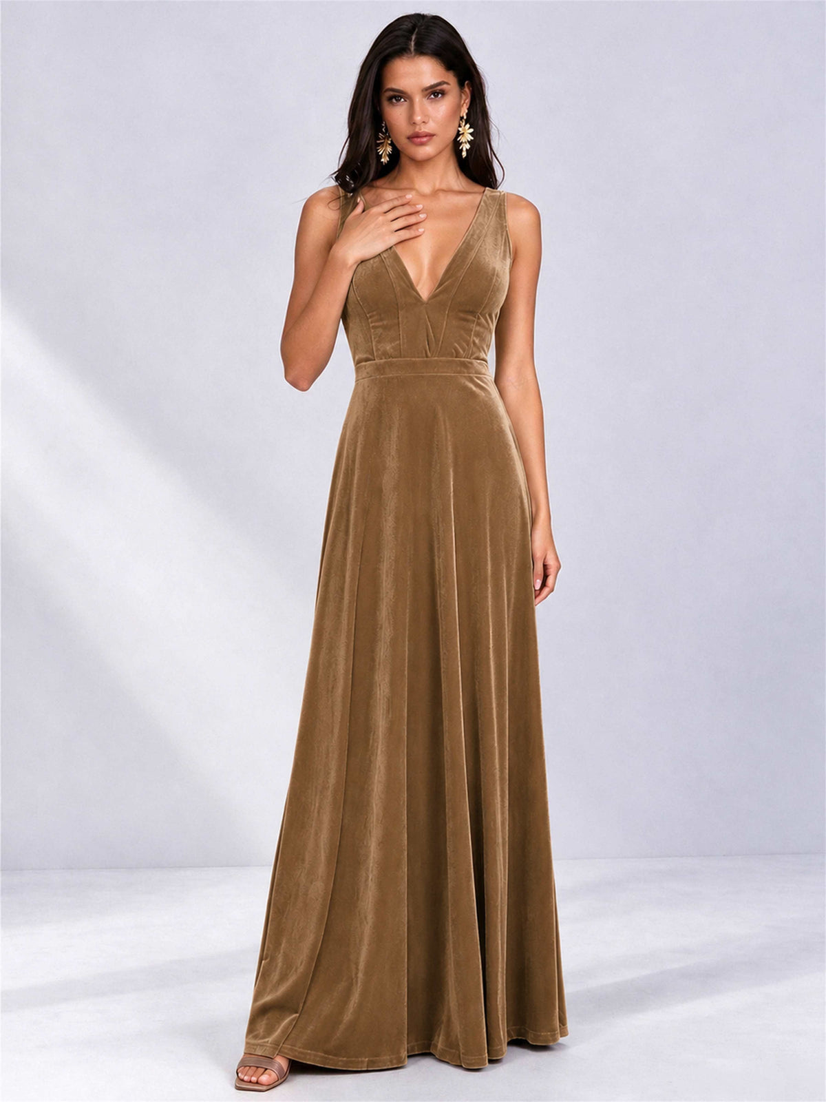Elegant Deep V-Neck A-Line Velvet Floor-Length Wedding Guest Dress