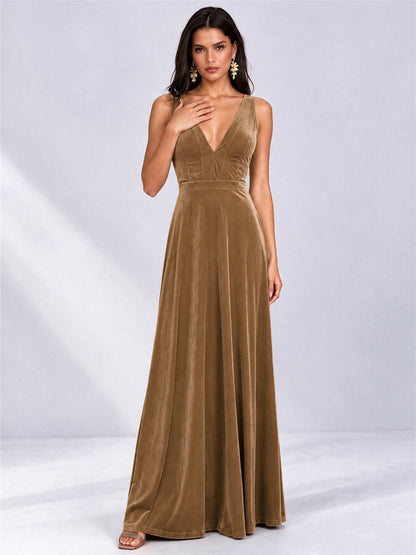 Elegant Deep V-Neck A-Line Velvet Floor-Length Wedding Guest Dress