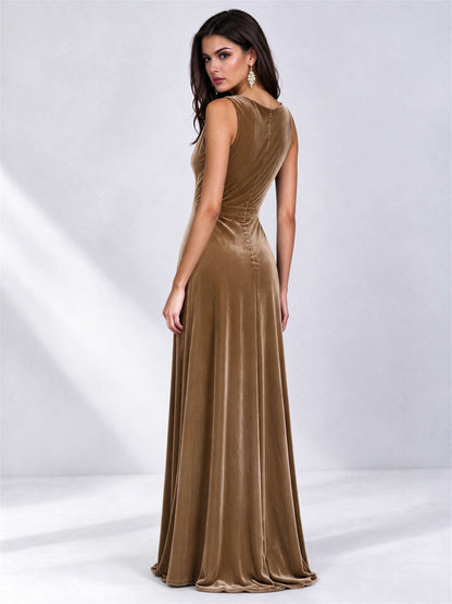 Elegant Deep V-Neck A-Line Velvet Floor-Length Wedding Guest Dress