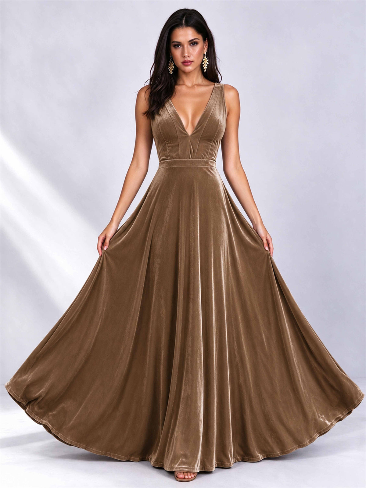 Elegant Deep V-Neck A-Line Velvet Floor-Length Wedding Guest Dress