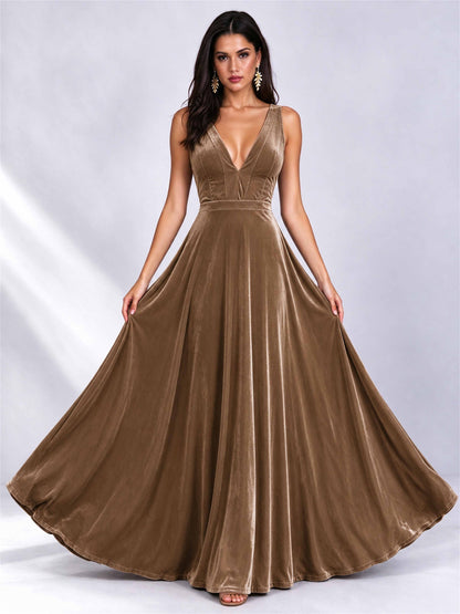 Elegant Deep V-Neck A-Line Velvet Floor-Length Wedding Guest Dress