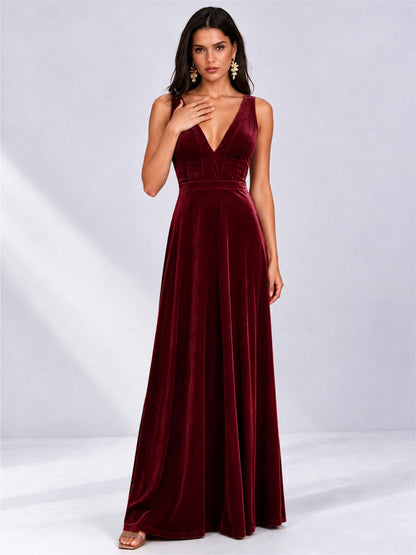Elegant Deep V-Neck A-Line Velvet Floor-Length Wedding Guest Dress