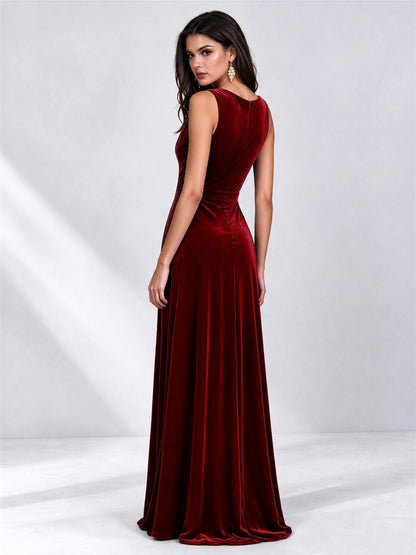 Elegant Deep V-Neck A-Line Velvet Floor-Length Wedding Guest Dress