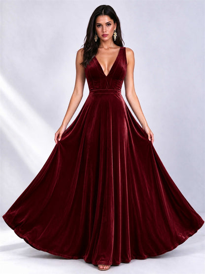 Elegant Deep V-Neck A-Line Velvet Floor-Length Wedding Guest Dress