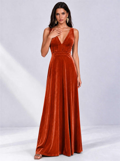 Elegant Deep V-Neck A-Line Velvet Floor-Length Wedding Guest Dress