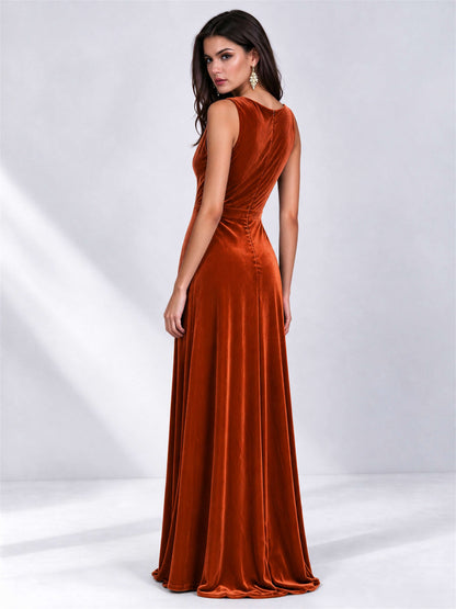 Elegant Deep V-Neck A-Line Velvet Floor-Length Wedding Guest Dress