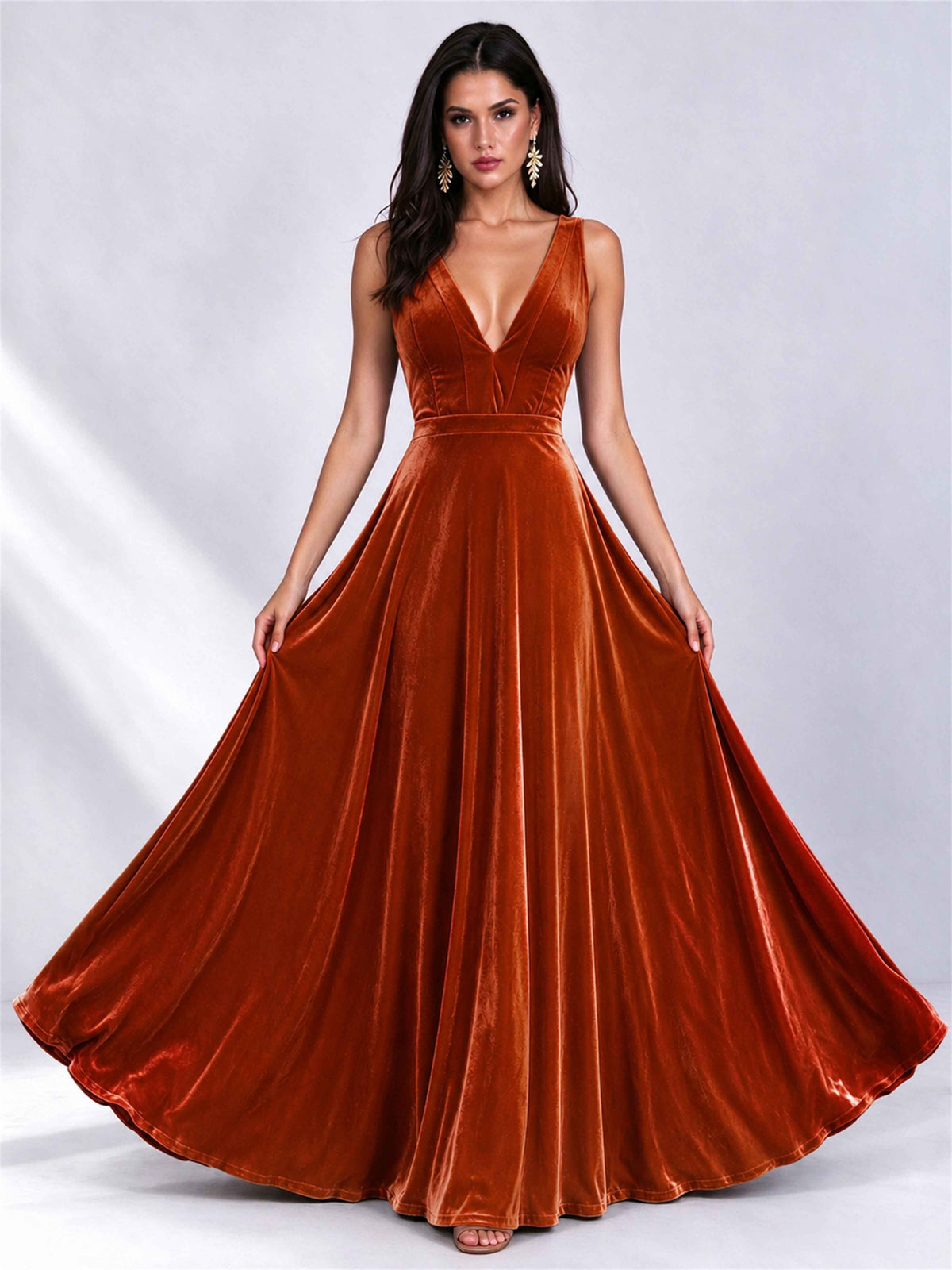 Elegant Deep V-Neck A-Line Velvet Floor-Length Wedding Guest Dress