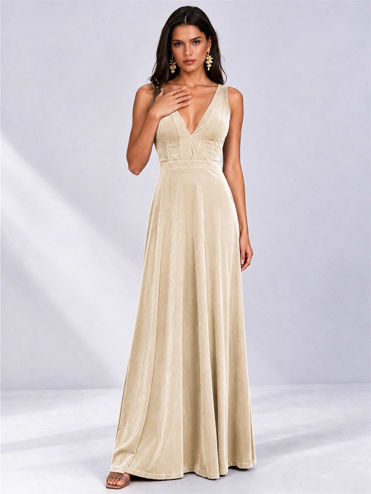 Elegant Deep V-Neck A-Line Velvet Floor-Length Wedding Guest Dress