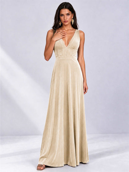Elegant Deep V-Neck A-Line Velvet Floor-Length Wedding Guest Dress