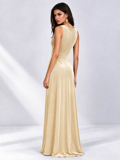 Elegant Deep V-Neck A-Line Velvet Floor-Length Wedding Guest Dress