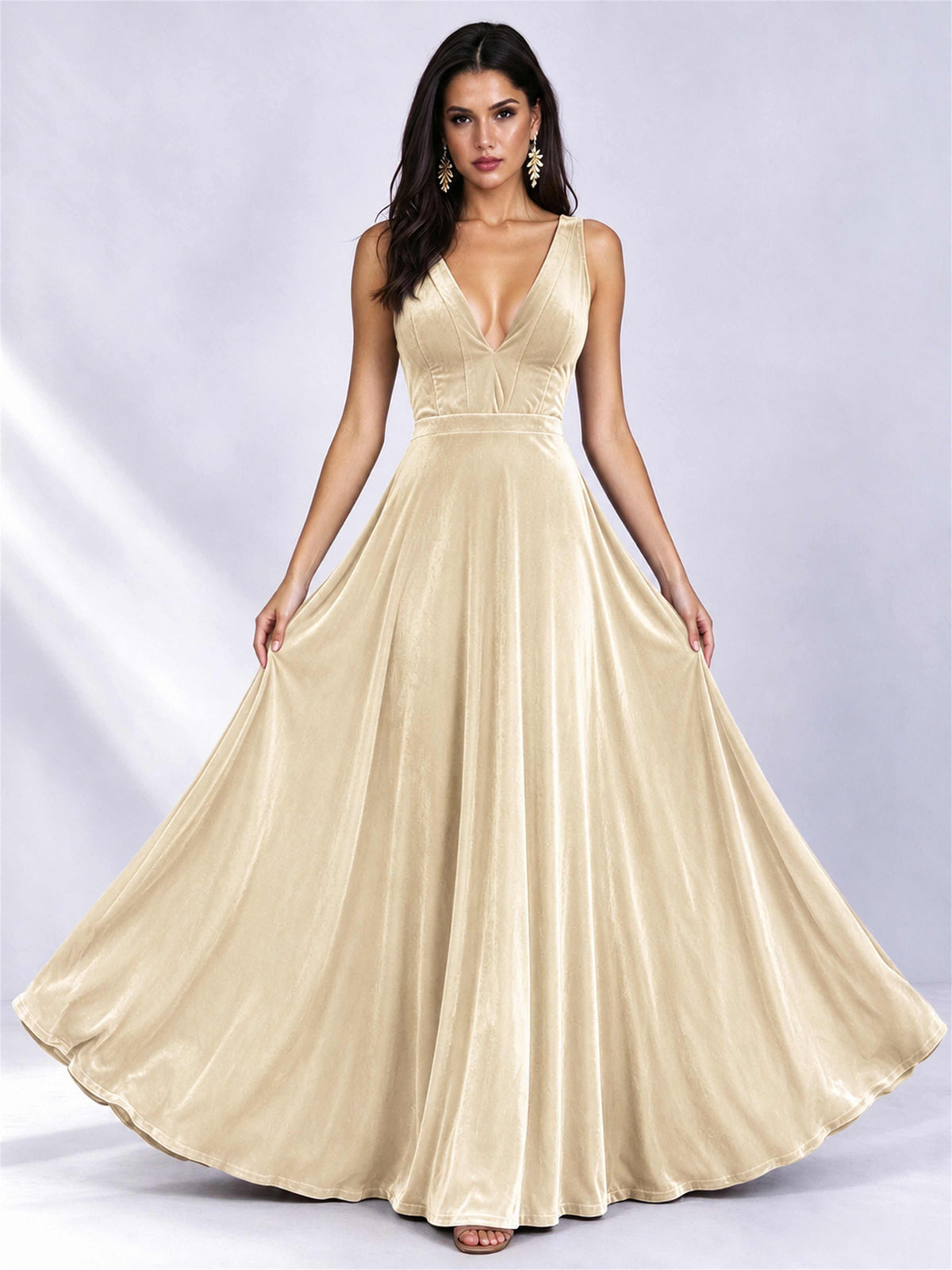 Elegant Deep V-Neck A-Line Velvet Floor-Length Wedding Guest Dress