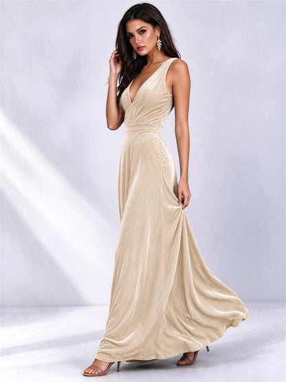 Elegant Deep V-Neck A-Line Velvet Floor-Length Wedding Guest Dress