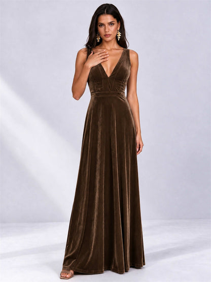 Elegant Deep V-Neck A-Line Velvet Floor-Length Wedding Guest Dress