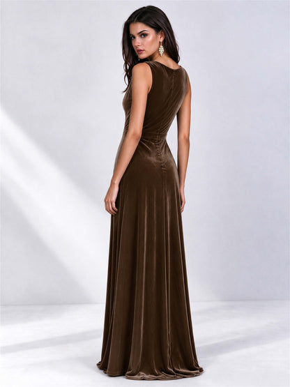 Elegant Deep V-Neck A-Line Velvet Floor-Length Wedding Guest Dress