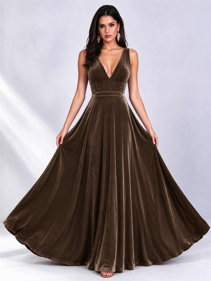 Elegant Deep V-Neck A-Line Velvet Floor-Length Wedding Guest Dress