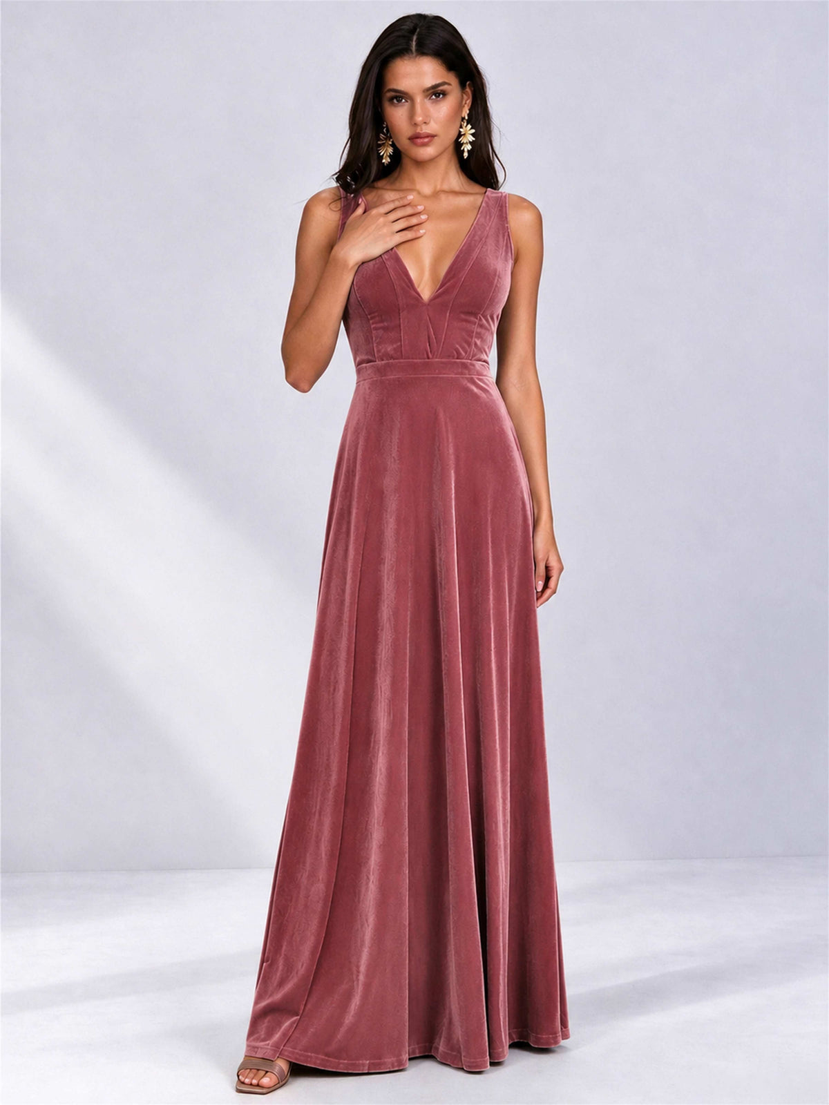 Elegant Deep V-Neck A-Line Velvet Floor-Length Wedding Guest Dress