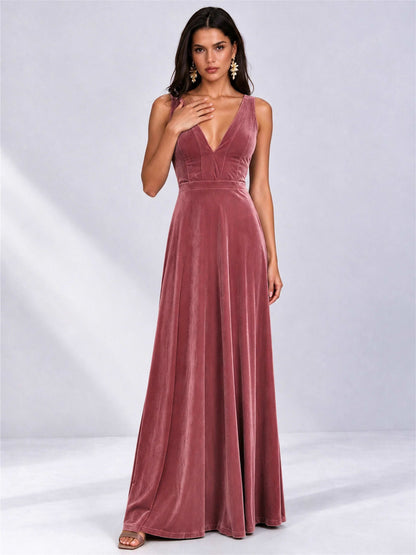 Elegant Deep V-Neck A-Line Velvet Floor-Length Wedding Guest Dress