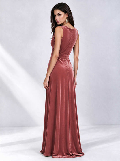 Elegant Deep V-Neck A-Line Velvet Floor-Length Wedding Guest Dress