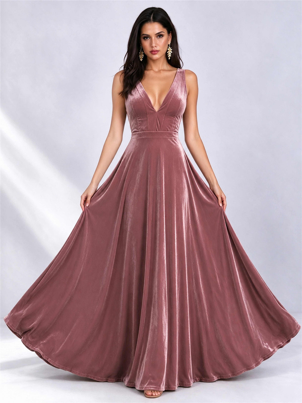 Elegant Deep V-Neck A-Line Velvet Floor-Length Wedding Guest Dress