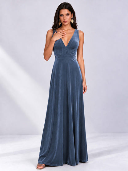 Elegant Deep V-Neck A-Line Velvet Floor-Length Wedding Guest Dress