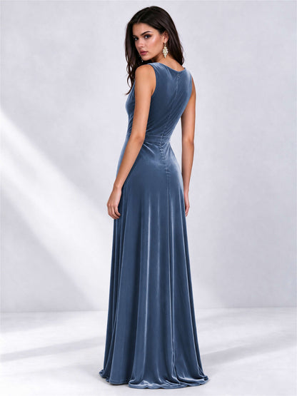 Elegant Deep V-Neck A-Line Velvet Floor-Length Wedding Guest Dress