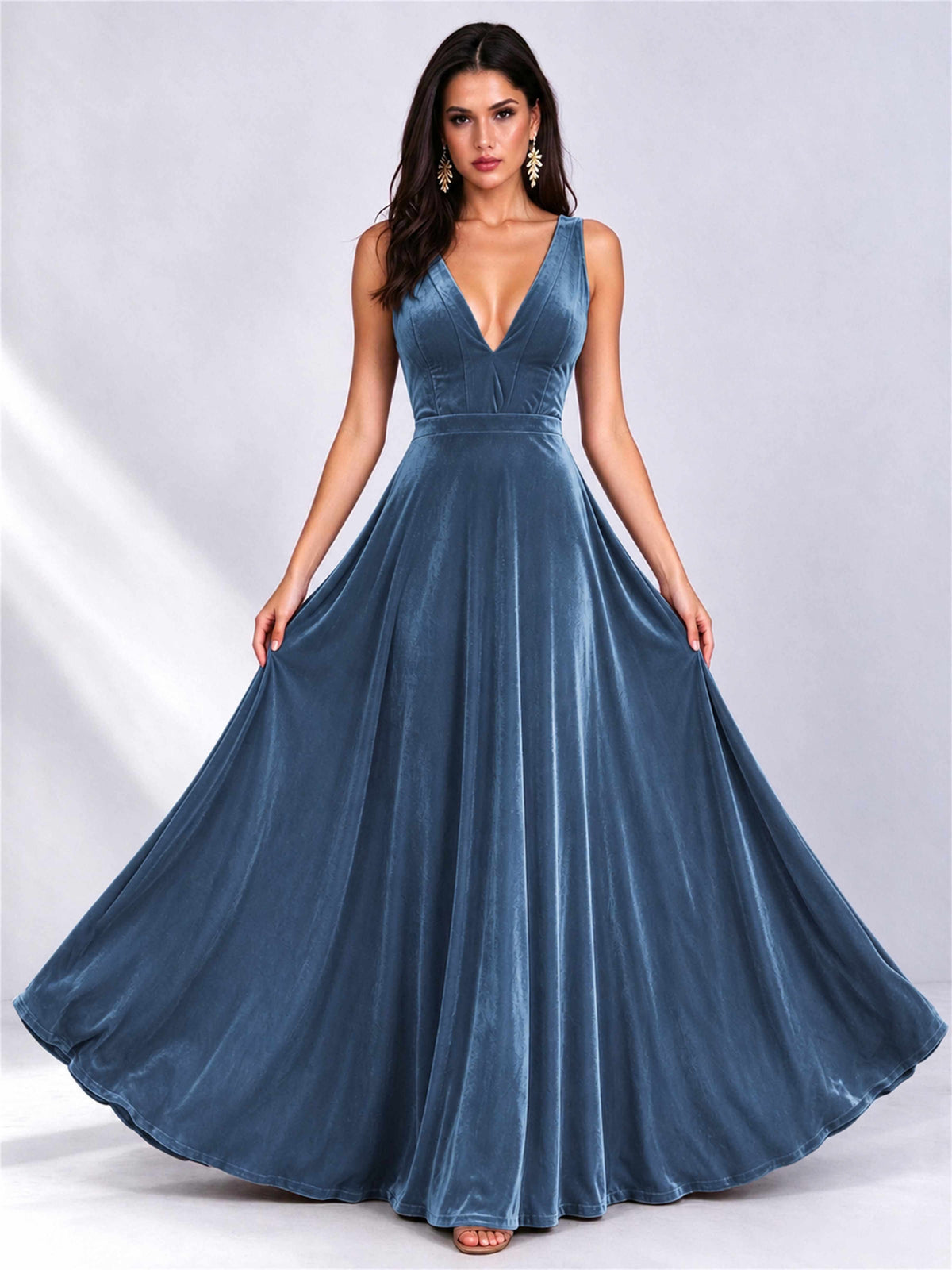 Elegant Deep V-Neck A-Line Velvet Floor-Length Wedding Guest Dress